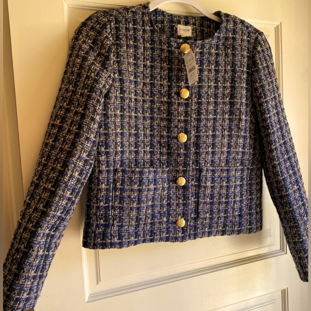 NWT J Crew Woven Tweed  Herringbone Cropped Jacket with Gold Buttons Size 2 Blue